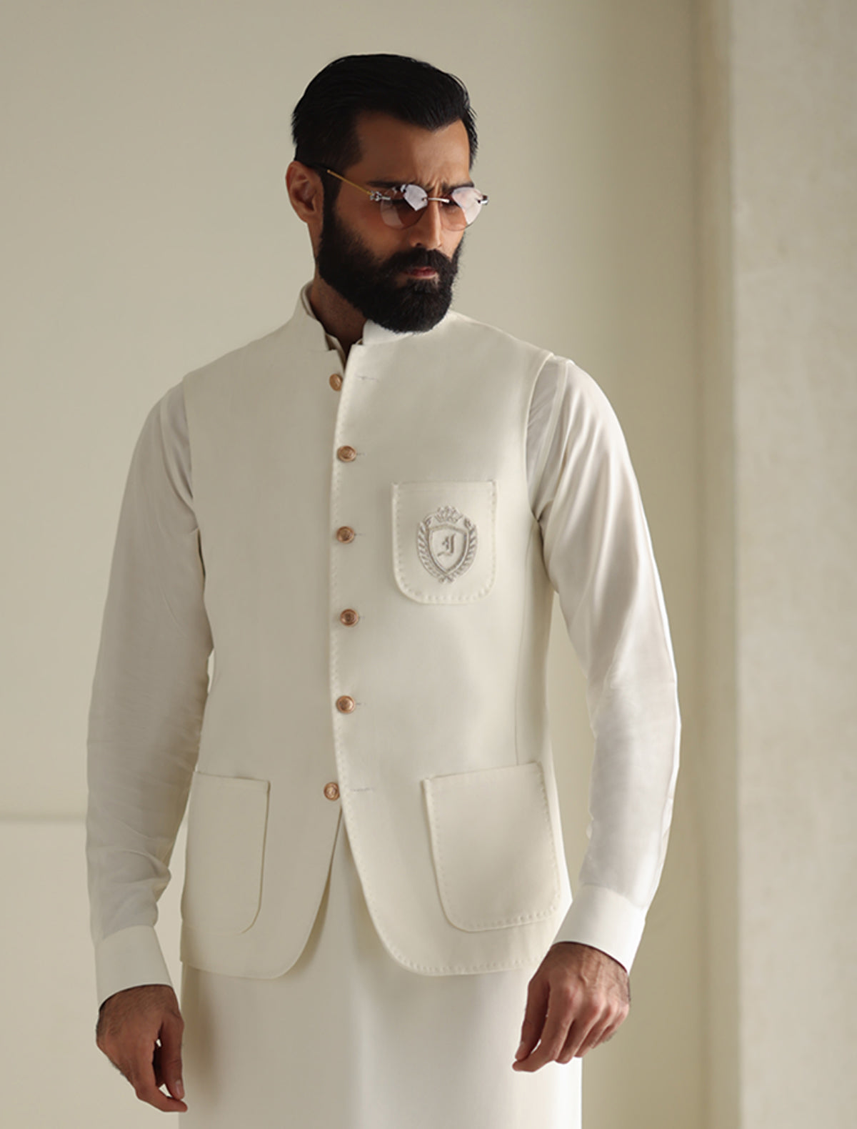 WHITE – LOGO EMBROIDERED WAISTCOAT – Ismail Farid Pakistan