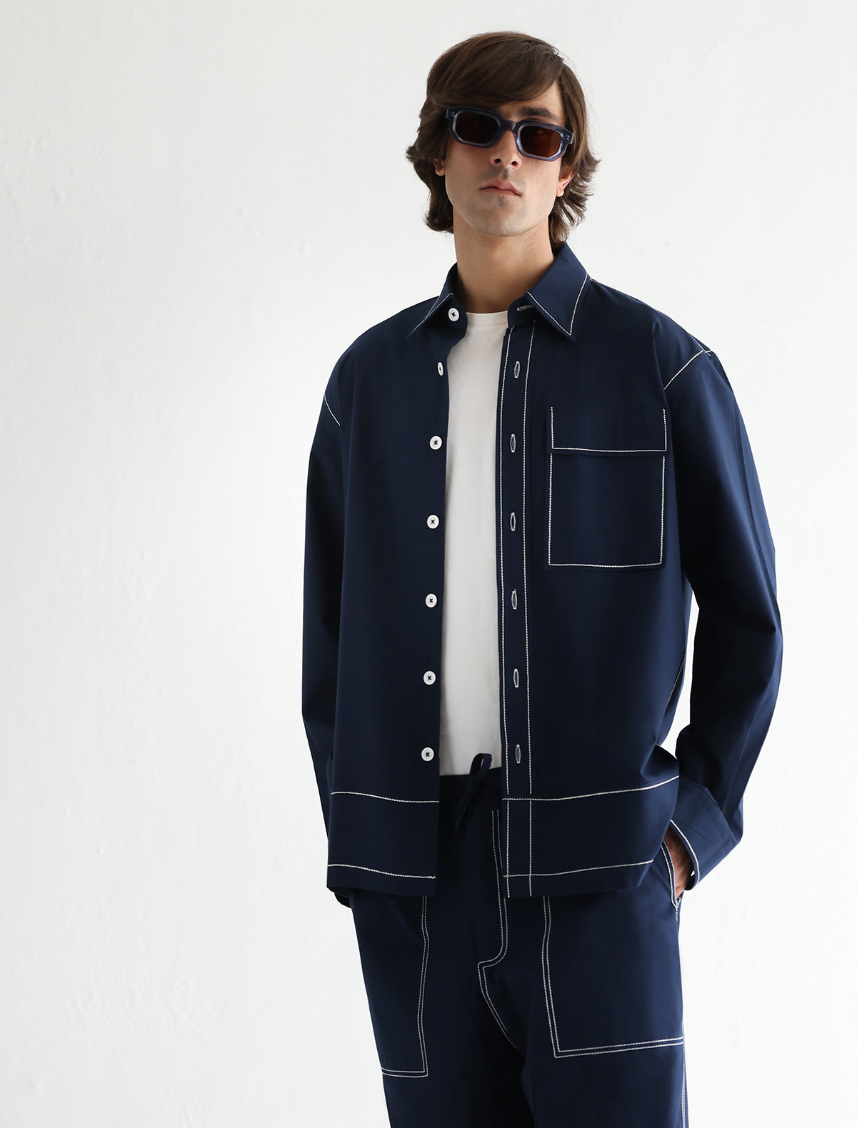 BLUE PICK STITCHED LOOSE FIT COTTON SHIRT Ismail Farid BLUE PICK STITCHED LOOSE FIT COTTON SHIRT Ismail Farid