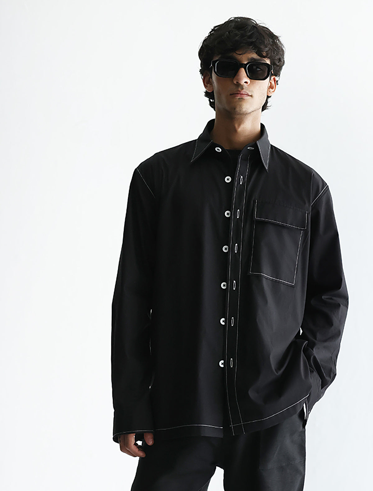 BLACK PICK STITCHED LOOSE FIT COTTON SHIRT Ismail Farid BLACK PICK STITCHED LOOSE FIT COTTON SHIRT Ismail Farid