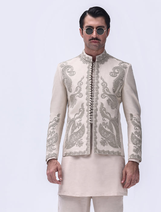 LIGHT IVORY HAND EMBROIDERED SHORT LENGTH PRINCE COAT