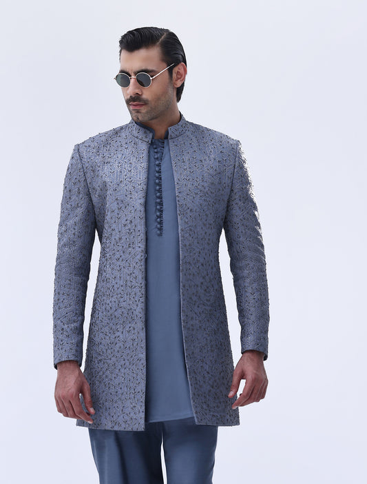 MEDIUM BLUE INTRICATE EMBROIDERED PRINCE COAT
