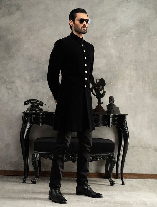 MATT BLACK SHORT LENGTH VELVET SHERWANI