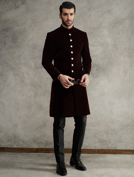 MAROON SHORT LENGTH VELVET SHERWANI