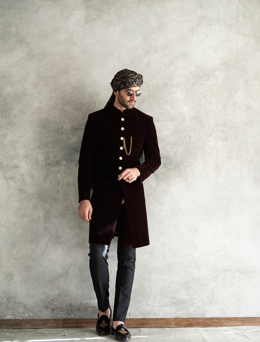 MAROON SHORT LENGTH VELVET SHERWANI