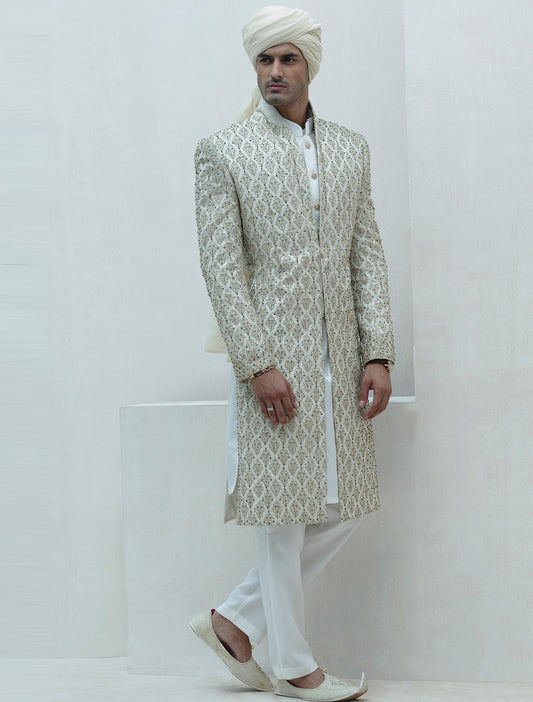 LIMITED EDITION OFFWHITE RAWSILK SHERWANI WITH DINNER JACKET LAPELS