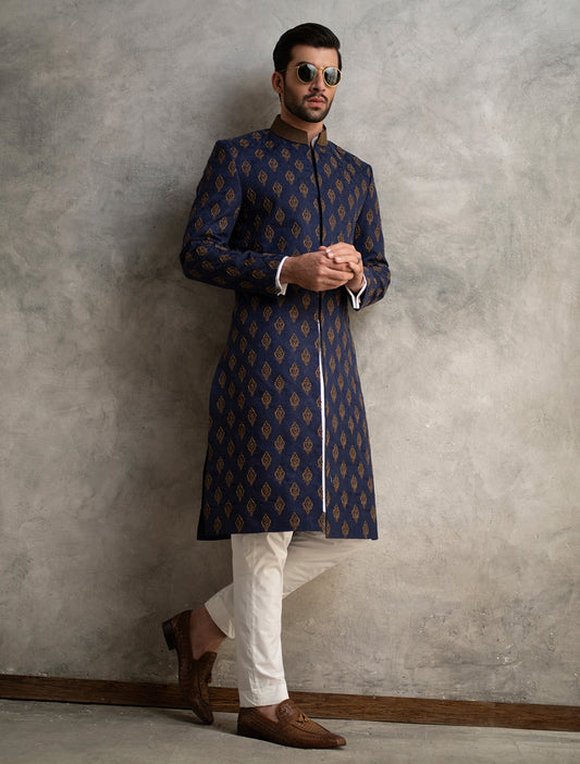 NAVY BLUE KARANDI JAMAWAR FULLY HAND EMBROIDERED SHERWANI
