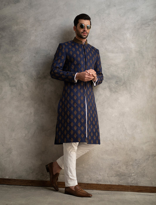 NAVY BLUE KARANDI JAMAWAR FULLY HAND EMBROIDERED SHERWANI