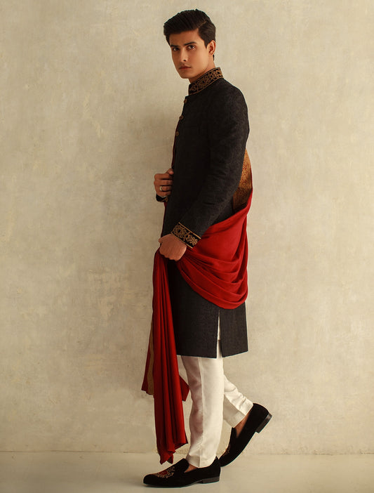 BLACK RAWSILK EMBROIDERD FABRIC SHERWANI