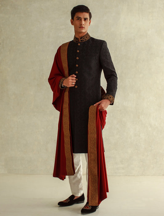 BLACK RAWSILK EMBROIDERD FABRIC SHERWANI