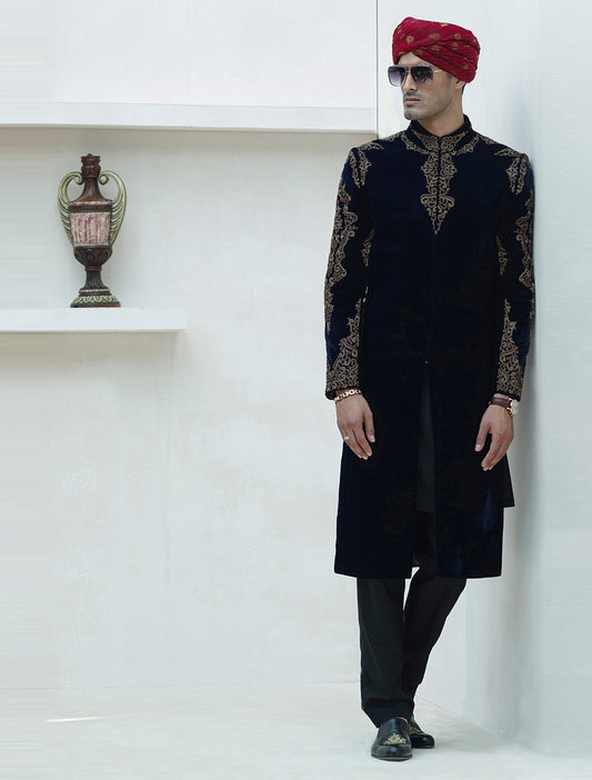DARK NAVYBLUE VELVET HAND EMBROIDERED SHERWANI