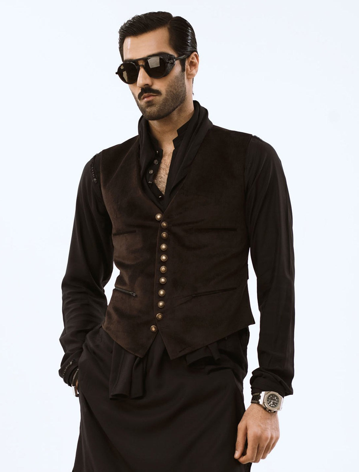BROWN SUEDE WAISTCOAT – Ismail Farid Pakistan - Main Image