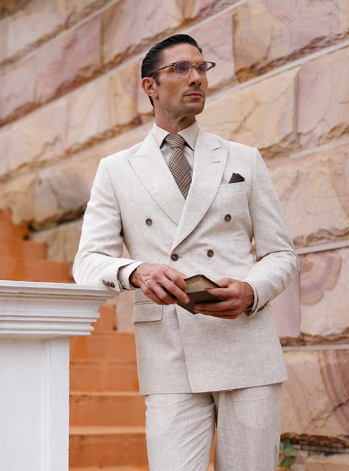 BEIGE LINEN DOUBLE BREASTED SUIT