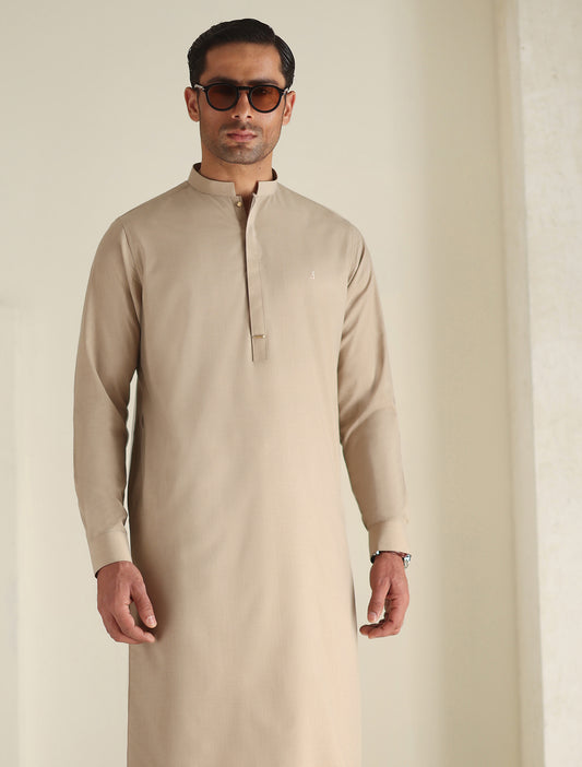 BEIGE LOGO-EMBROIDERED KAMEEZ SHALWAR