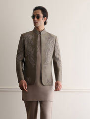 COFFEE GREEN HAND EMBROIDERED PRINCE COAT