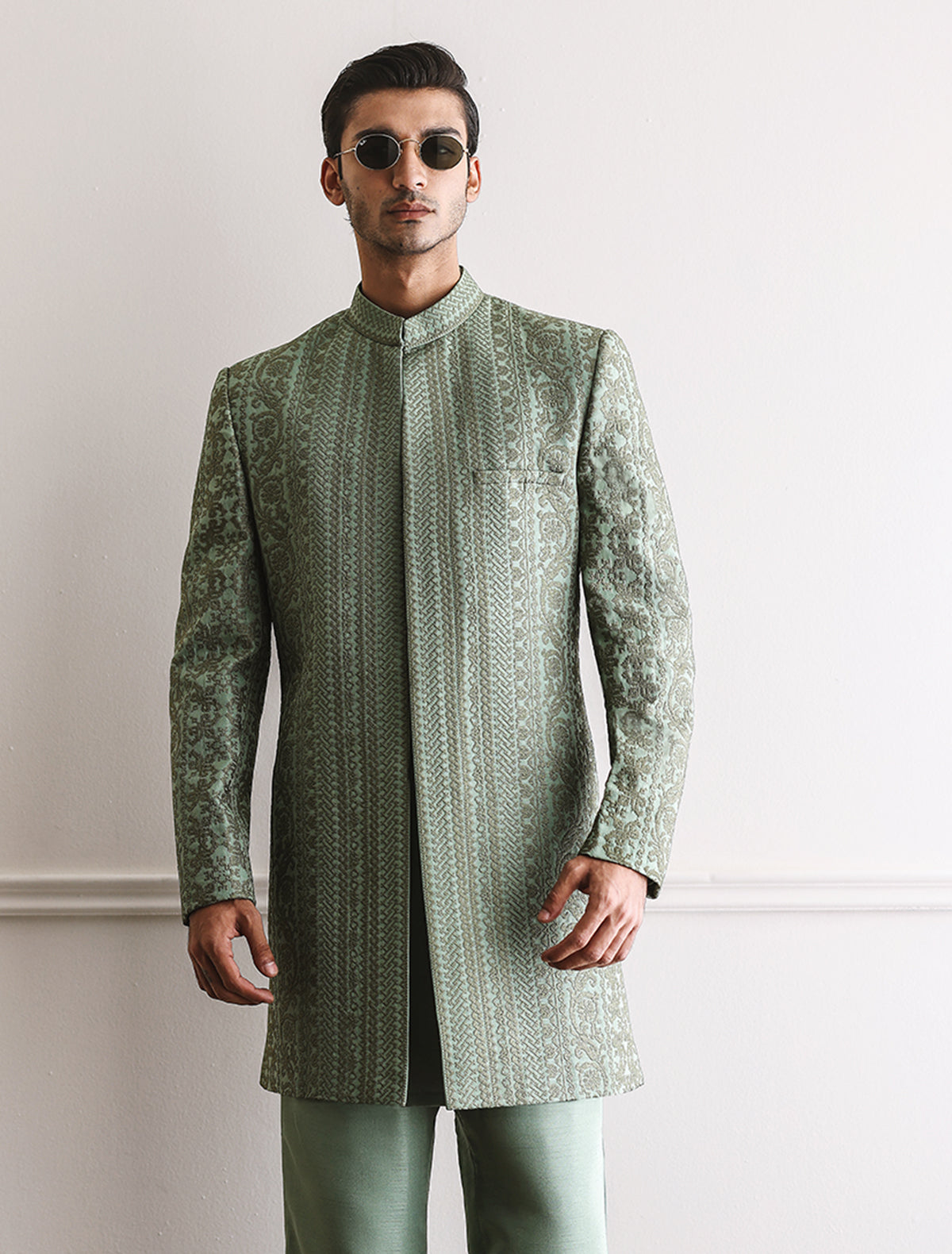 SAGE GREEN STRIPE EMBROIDERED PRINCE COAT