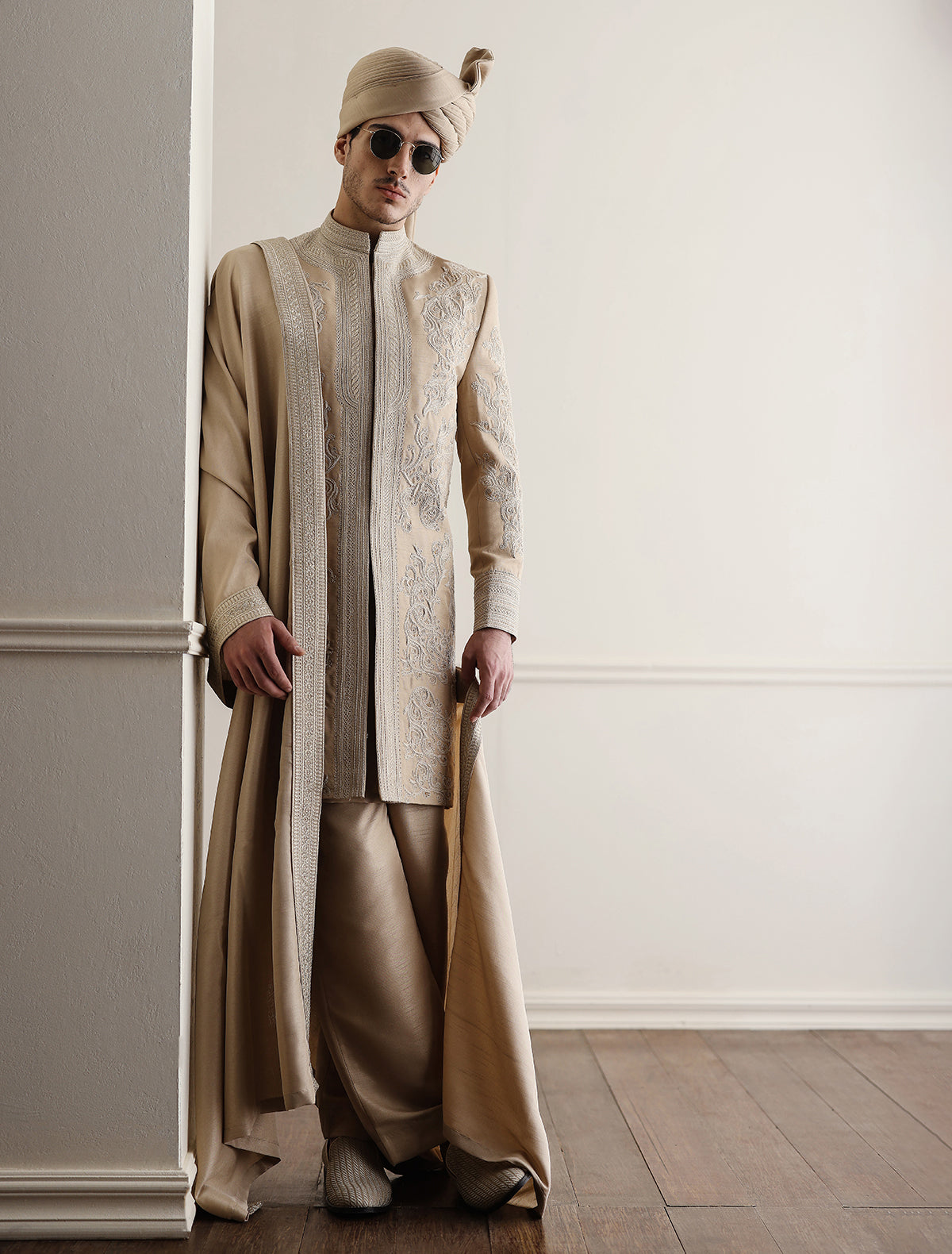 BEIGE HAND EMBROIDERED SHERWANI