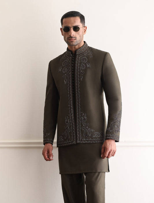 OLIVE HAND EMBROIDERED PRINCE COAT