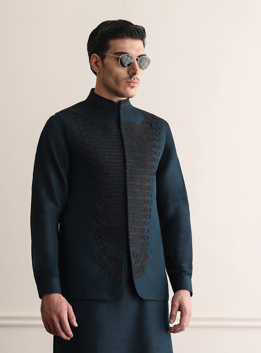 DARK TEAL HEAVY EMBROIDERED WAISTCOAT