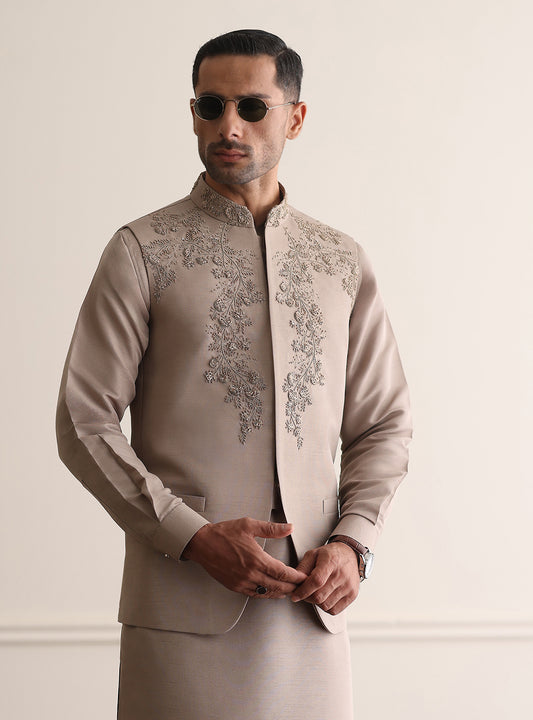 DARK BEIGE HAND EBMROIDERED WAISTCOAT