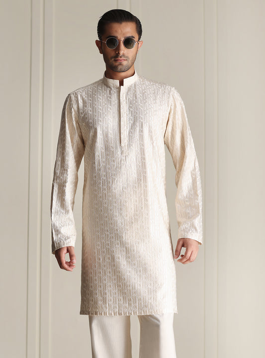 CREAM MESH EMBROIDERED KURTA PAJAMA