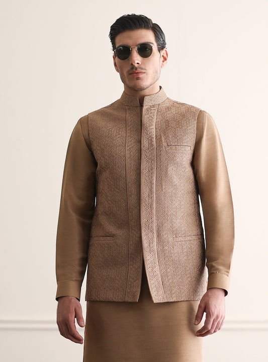 TUSCAN BROWN MESH EMBROIDERED WAISTCOAT