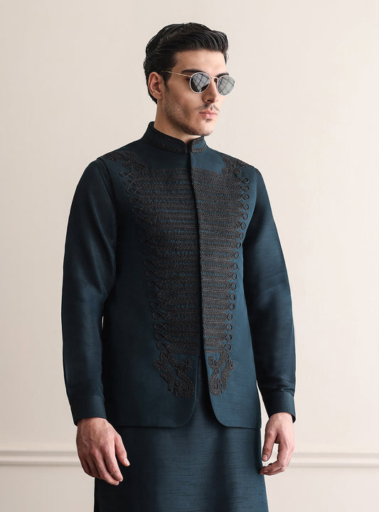 DARK TEAL HEAVY EMBROIDERED WAISTCOAT