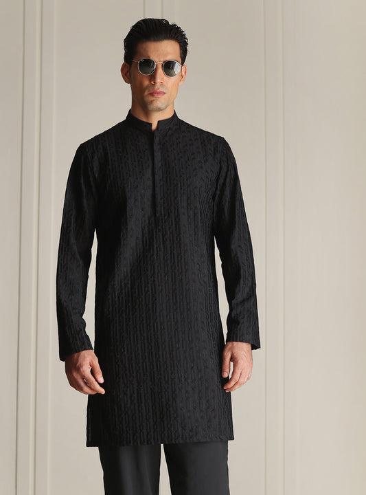 BLACK MESH EMBROIDERED KURTA PAJAMA