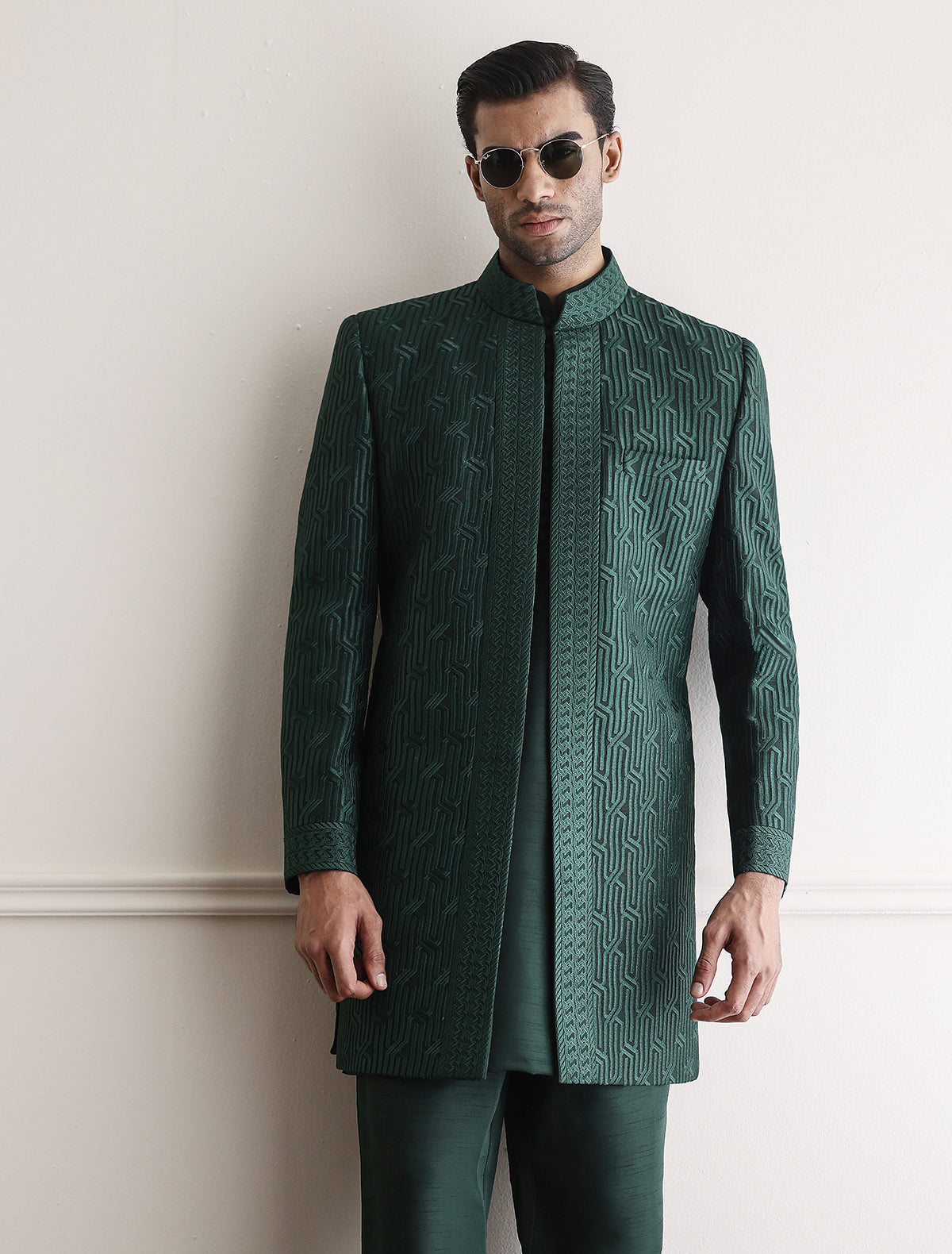 EMERALD GREEN MESH EMBROIDERED PRINCE COAT