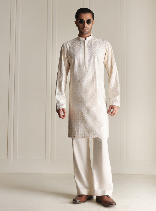 CREAM MESH EMBROIDERED KURTA PAJAMA