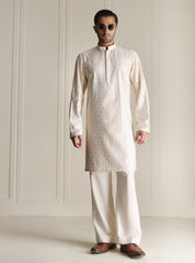 CREAM MESH EMBROIDERED KURTA PAJAMA