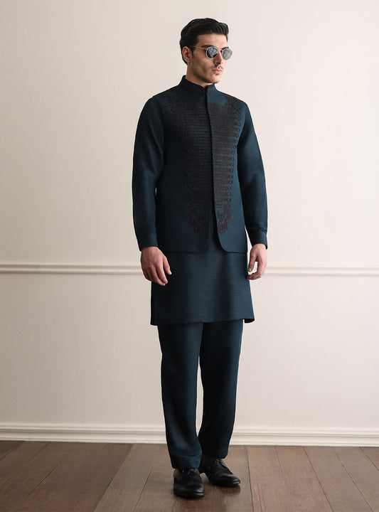 DARK TEAL HEAVY EMBROIDERED WAISTCOAT