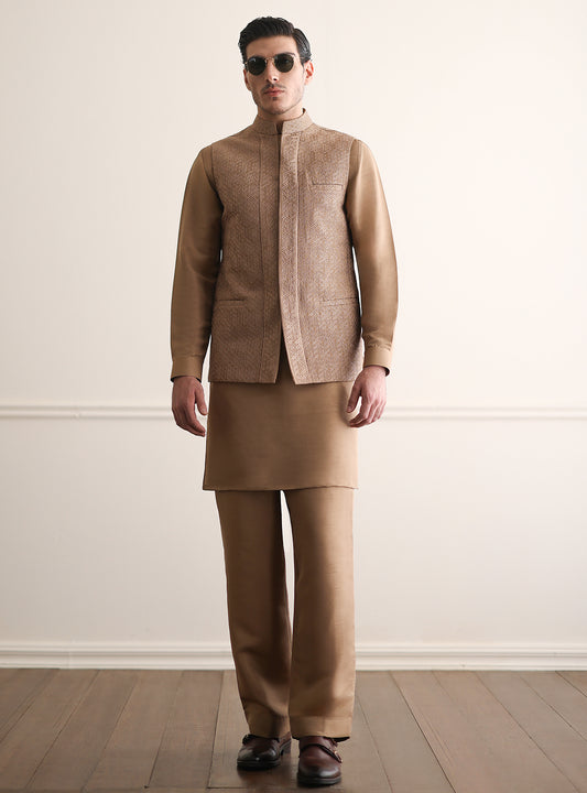 TUSCAN BROWN MESH EMBROIDERED WAISTCOAT
