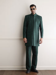 EMERALD GREEN MESH EMBROIDERED PRINCE COAT