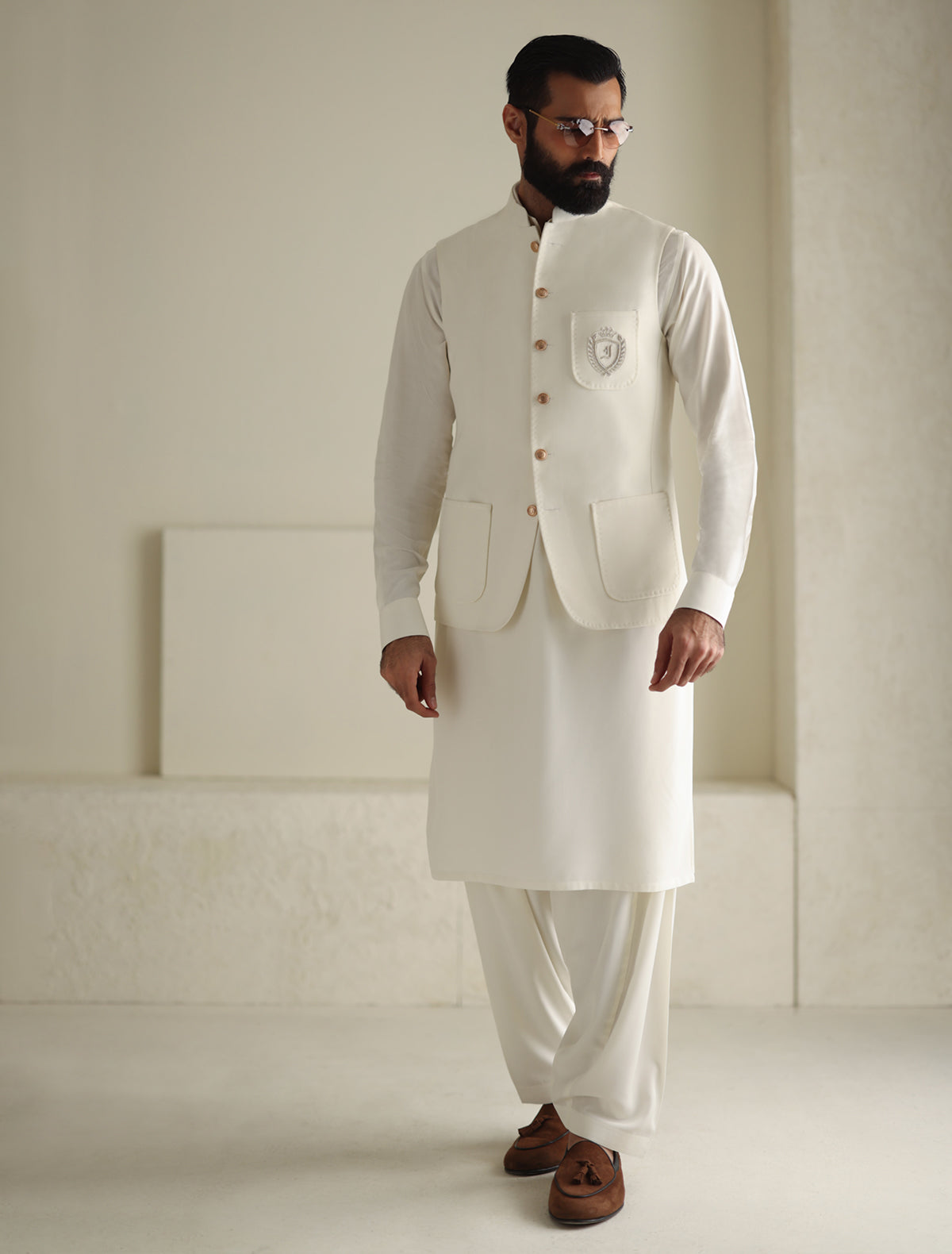 White Waistcoat With Shalwar Kameez Embroidered Designer Off White