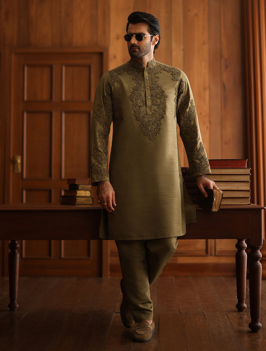 ANTIQUE GREEN HAND EMBROIDERED KURTA
