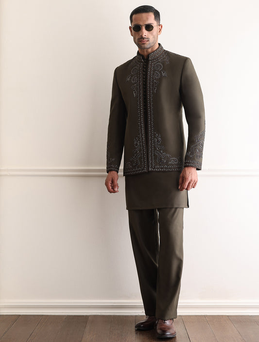 OLIVE HAND EMBROIDERED PRINCE COAT