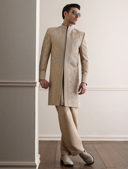 BEIGE HAND EMBROIDERED SHERWANI