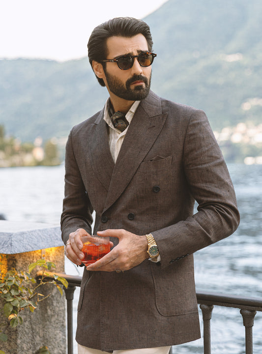 BROWN TEXTURED DOUBLE BREASTED BLAZER