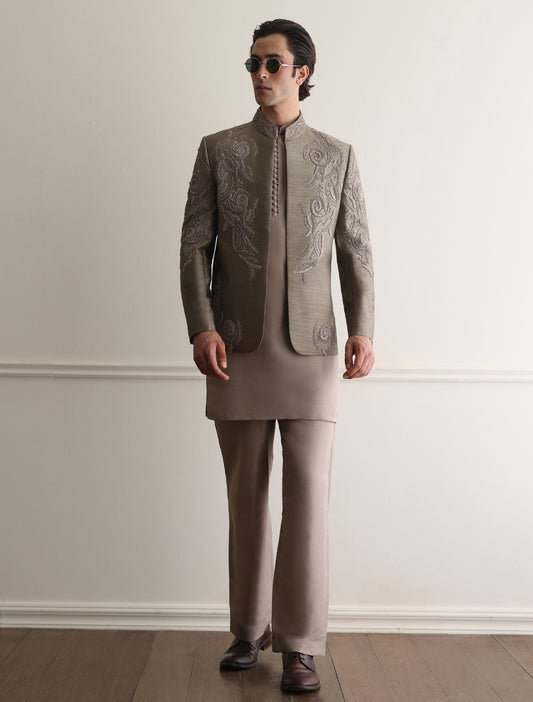COFFEE GREEN HAND EMBROIDERED PRINCE COAT