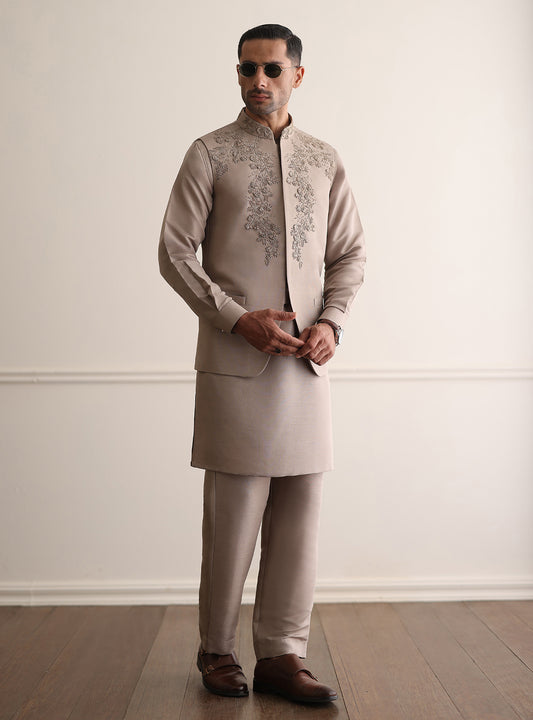 DARK BEIGE HAND EBMROIDERED WAISTCOAT