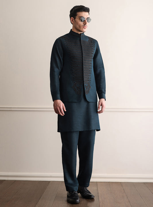 DARK TEAL HEAVY EMBROIDERED WAISTCOAT