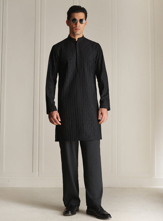 BLACK MESH EMBROIDERED KURTA PAJAMA