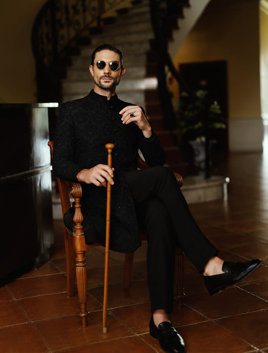 BLACK SELF EMBROIDERED SHERWANI