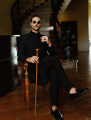 BLACK SELF EMBROIDERED SHERWANI