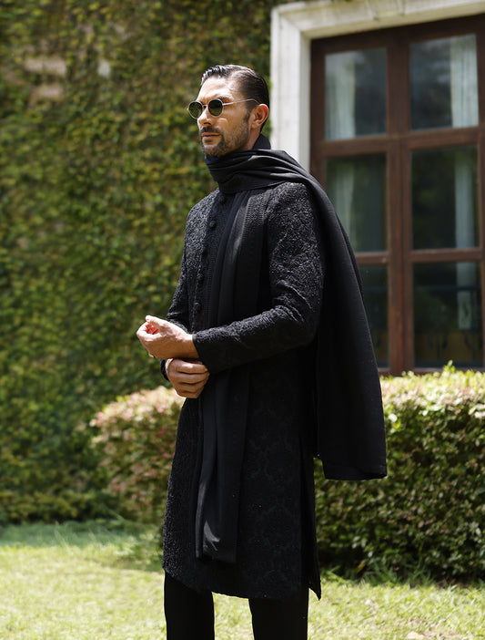 BLACK SELF EMBROIDERED SHERWANI