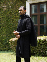 BLACK SELF EMBROIDERED SHERWANI