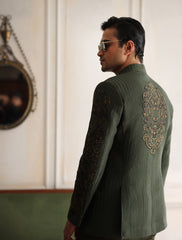 GREEN HERRING BONE EMBROIDERED PRINCE COAT