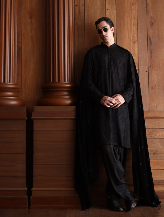 BLACK SELF EMBROIDERED KURTA