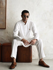 WHITE CRUSH FABRIC CLASSIC KURTA PAJAMA