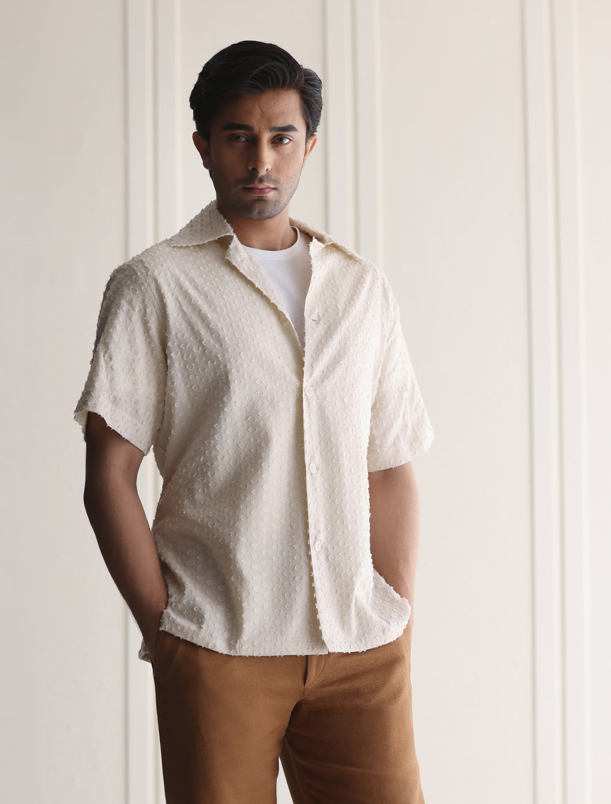 CREAM STRUCTURED HALF SLEEVE SHIRT
